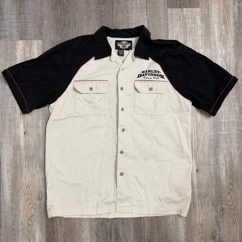 Harley-Davidson Men's Black and Cream Button Down Official Shirt-size Large